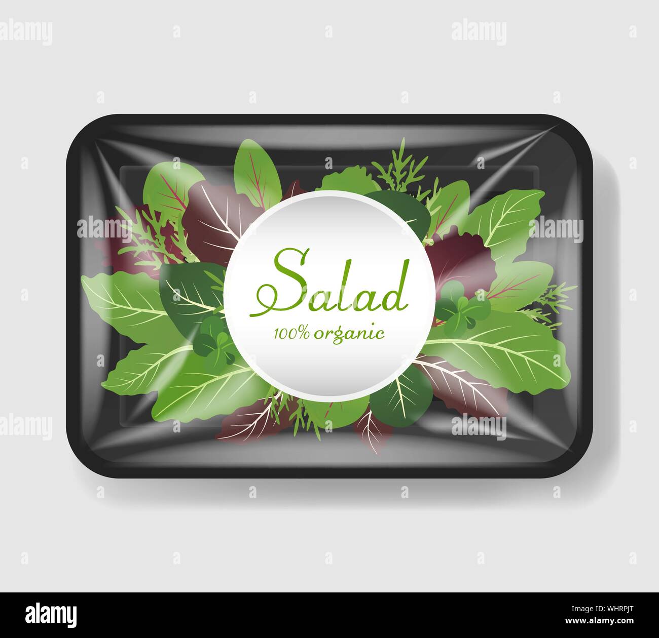 Mélange de feuilles de salade dans le bac en plastique contenant avec couvercle de la cellophane. Modèle de maquette pour votre conception. Récipient alimentaire en plastique. Vector illustration. Illustration de Vecteur