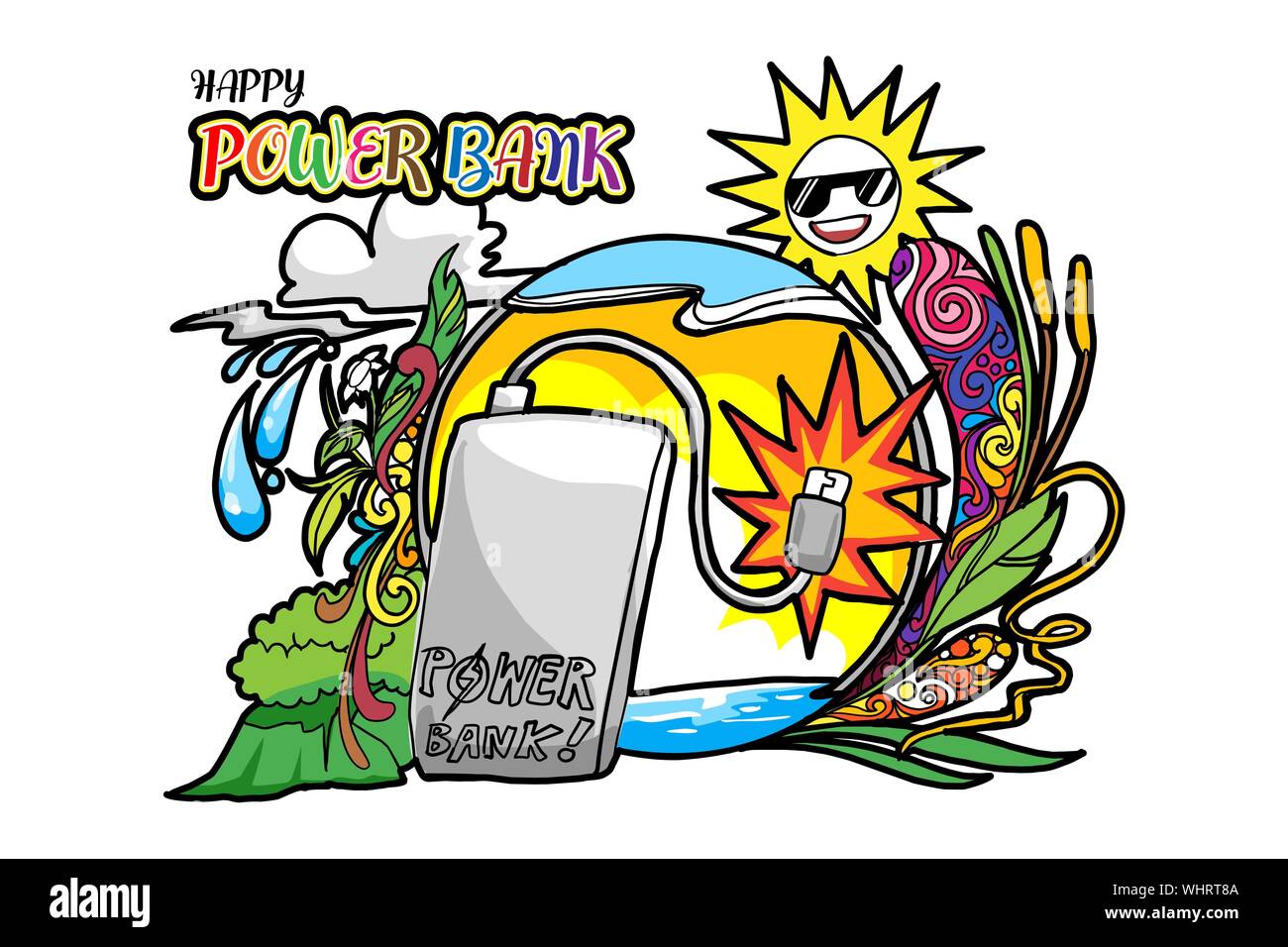 Banque d'alimentation heureux ou la batterie de rechange avec la nature doodle, dessin à la main concept art de l'environnement conservateur avec conception graphique nature coloré Illustration de Vecteur