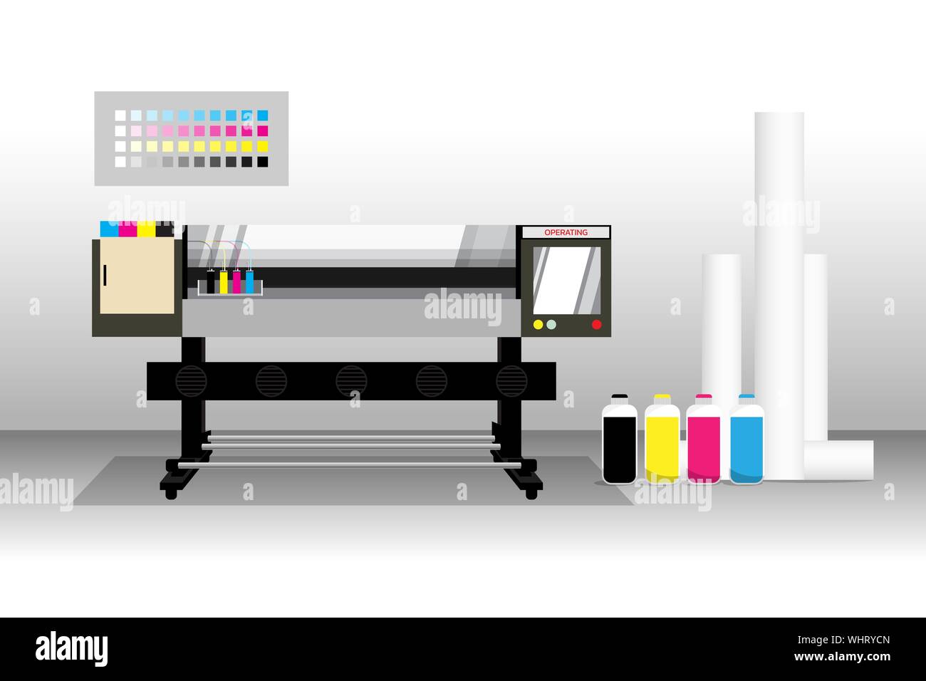 Imprimante avec rouleaux de support dans la salle grise. Dispositif électronique pour faire signer ou bannière dans la publicité commerciale entreprise. modifiable avec vecteur de couches Illustration de Vecteur