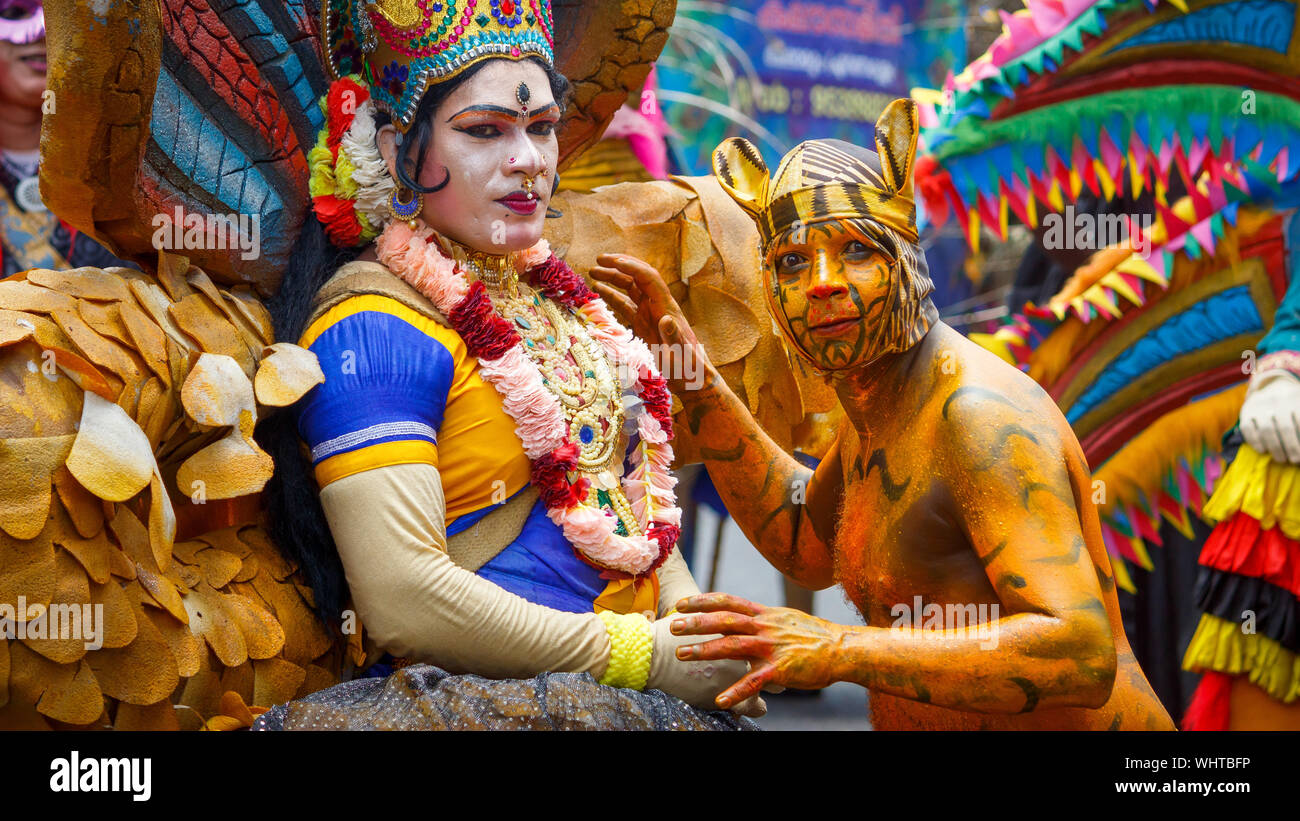 Kochi, Kerala State, India - 2 septembre 2019 - Pulikali Athachamayam en déesse hindoue et procession organisée à Thripunithura à Kochi city Banque D'Images