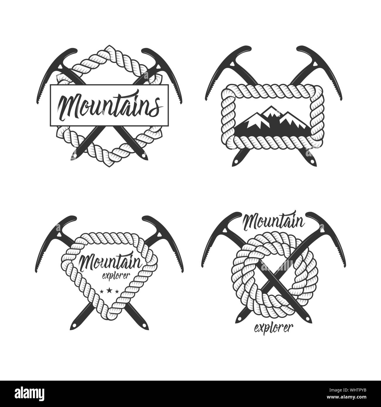 Escalade club alpin et d'un insigne. Concept pour logo, print ou l'estampillage. Traversée de piolets d'escalade et alpinisme. Mountain Equipment. À l'extérieur Illustration de Vecteur