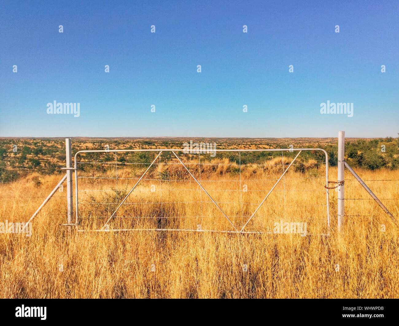 Porte métallique fermé en champ agricole contre Ciel Bleu clair Photo Stock  - Alamy