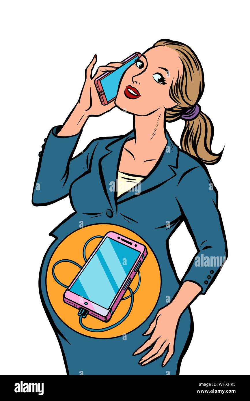 Businesswoman est enceinte. le téléphone est né dans l'estomac. Comic cartoon retro pop art illustration dessin vectoriel Illustration de Vecteur