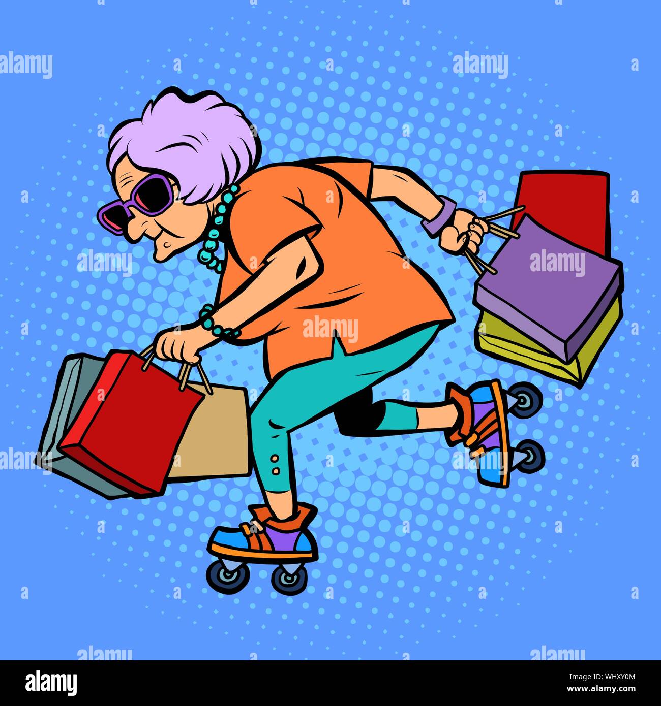 Sports actifs vieille dame avec le shopping. Comic cartoon retro pop art dessin illustration vectorielle Illustration de Vecteur