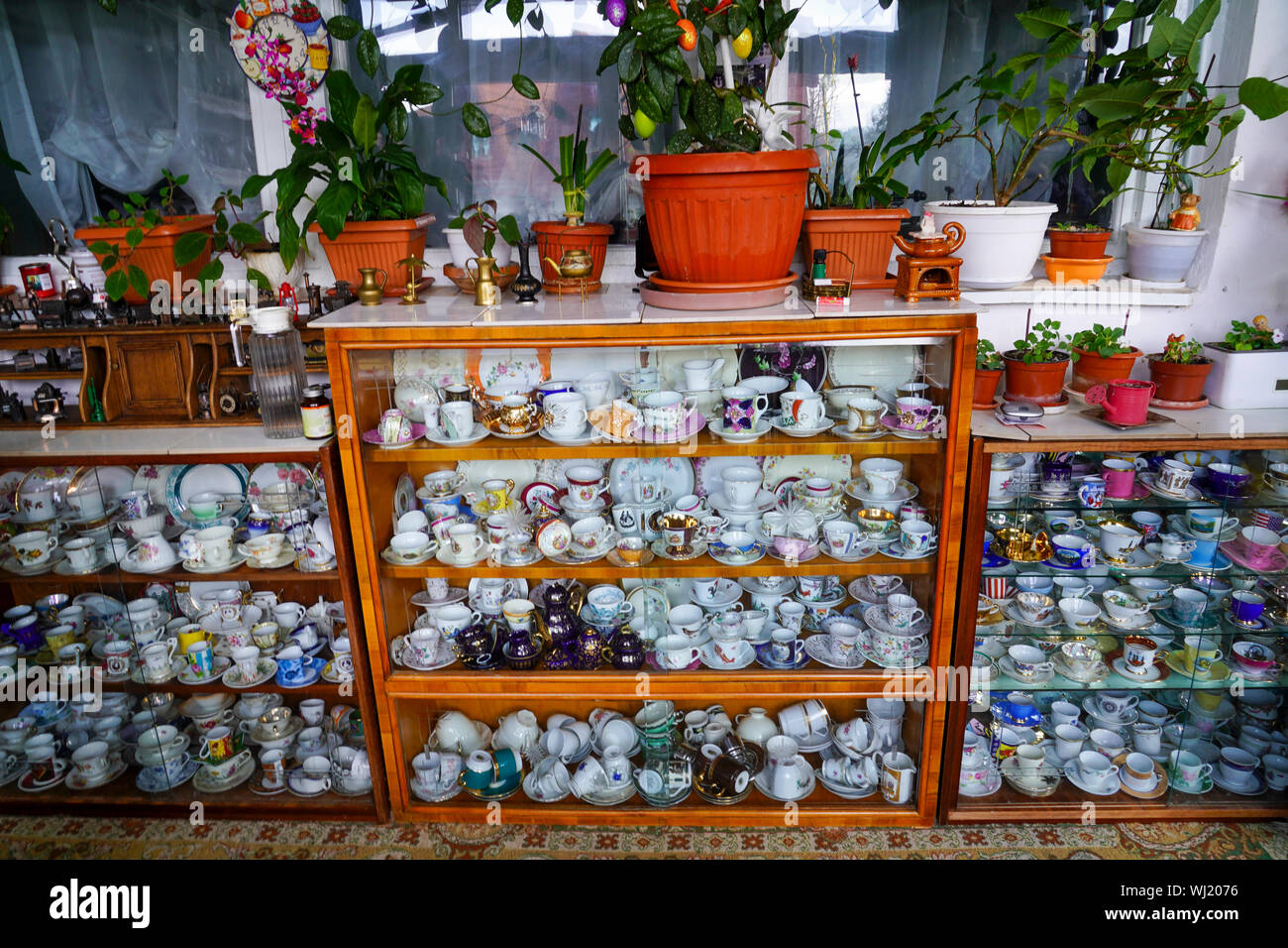 Les tasses en porcelaine sur l'affichage à Predeal est une station de montagne ville de Brasov, Roumanie. Banque D'Images