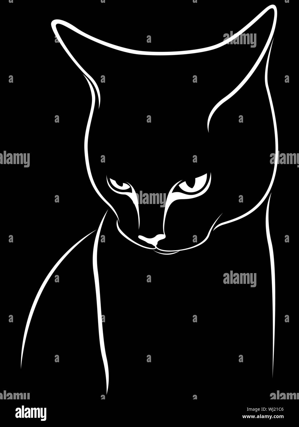 Résumé de pochoir chat, inclinant sa tête vers le bas, noir vector dessin à la main sur le fond blanc Illustration de Vecteur