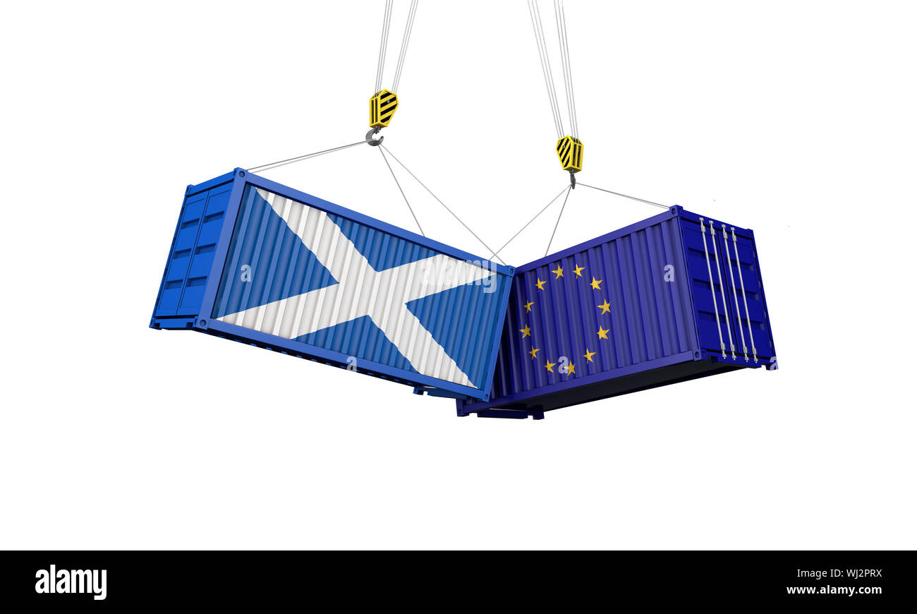 L'Écosse et de l'Europe guerre commerciale concept. Des conteneurs de fret. 3D Render Banque D'Images