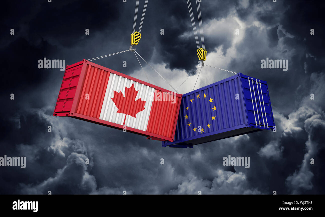 Le Canada et l'Europe guerre commerciale concept. Des conteneurs de fret. 3D Render Banque D'Images