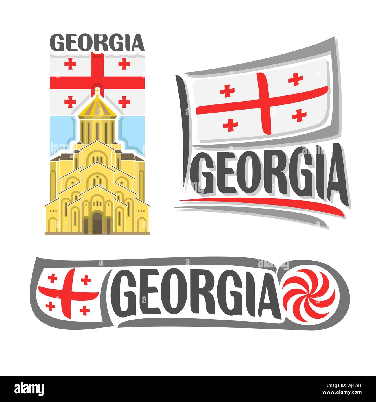 Logo Vector pour la Géorgie, composé de 3 illustrations isolées : la cathédrale Holy Trinity de Tbilissi sur fond de drapeau national, symbole de la Géo Illustration de Vecteur