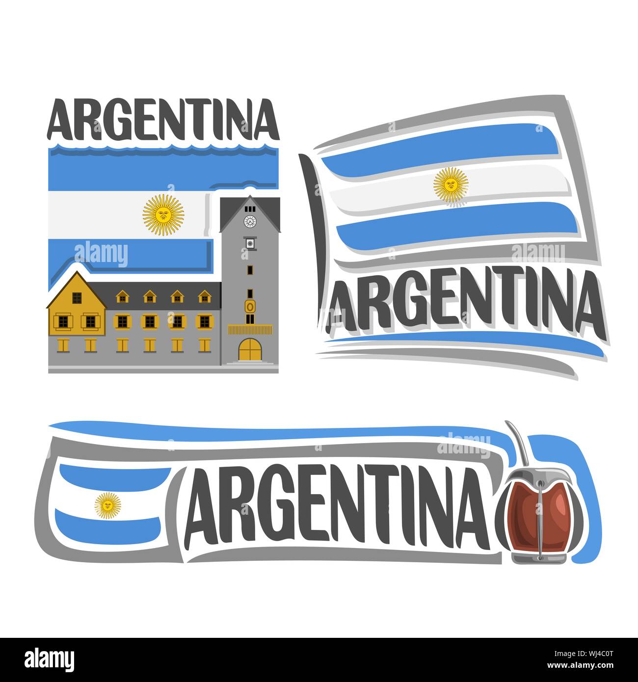 Logo vectoriel pour l'Argentine, 3 illustrations isolées : Bariloche sur fond de drapeau national, symbole de l'architecture argentine, drapeau argentin o Illustration de Vecteur