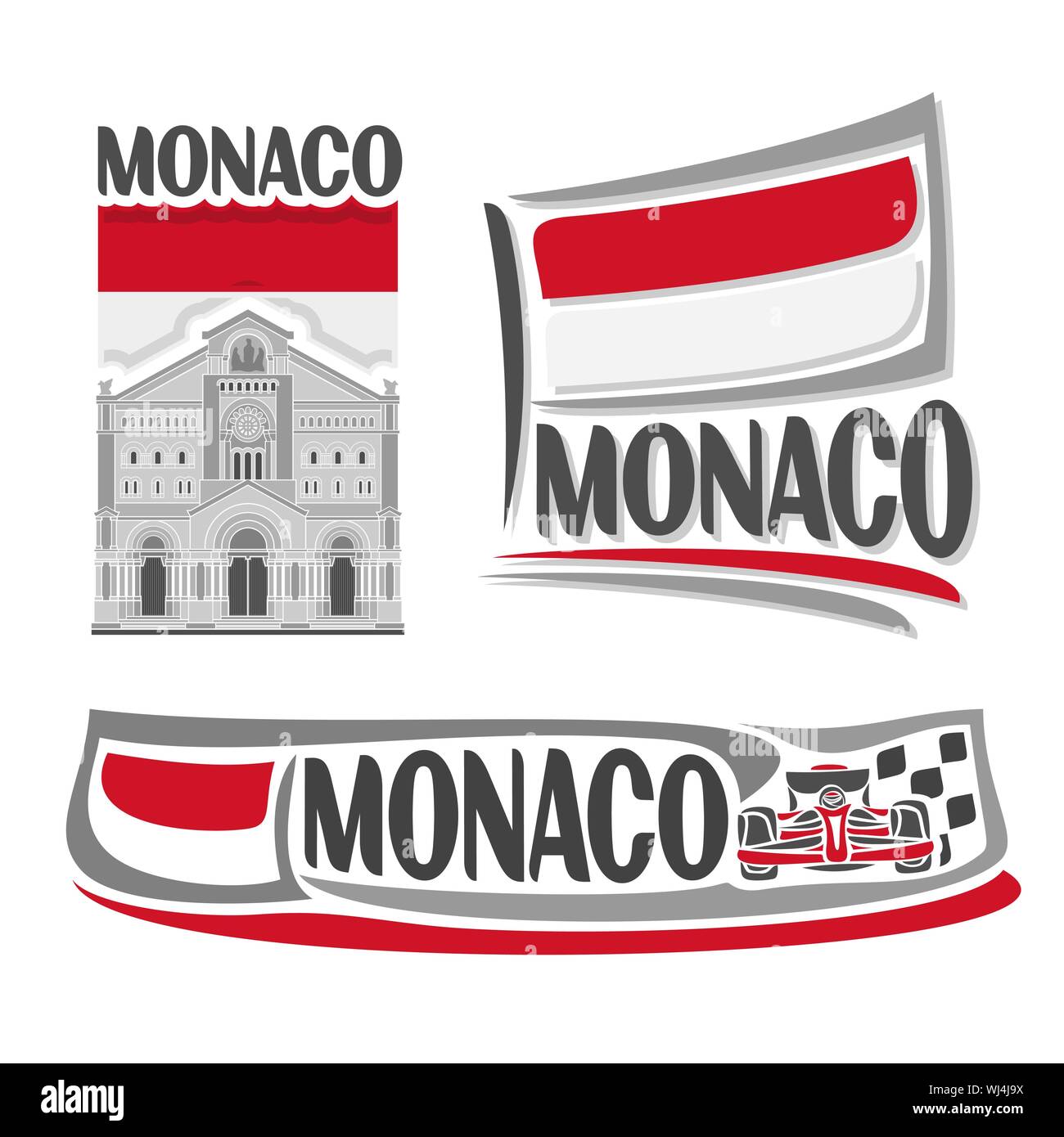 Logo Vector pour Monaco, la cathédrale de Saint Nicolas à Monte Carlo sur fond de drapeau national, symbole de l'architecture et fla monégasque Monaco Illustration de Vecteur