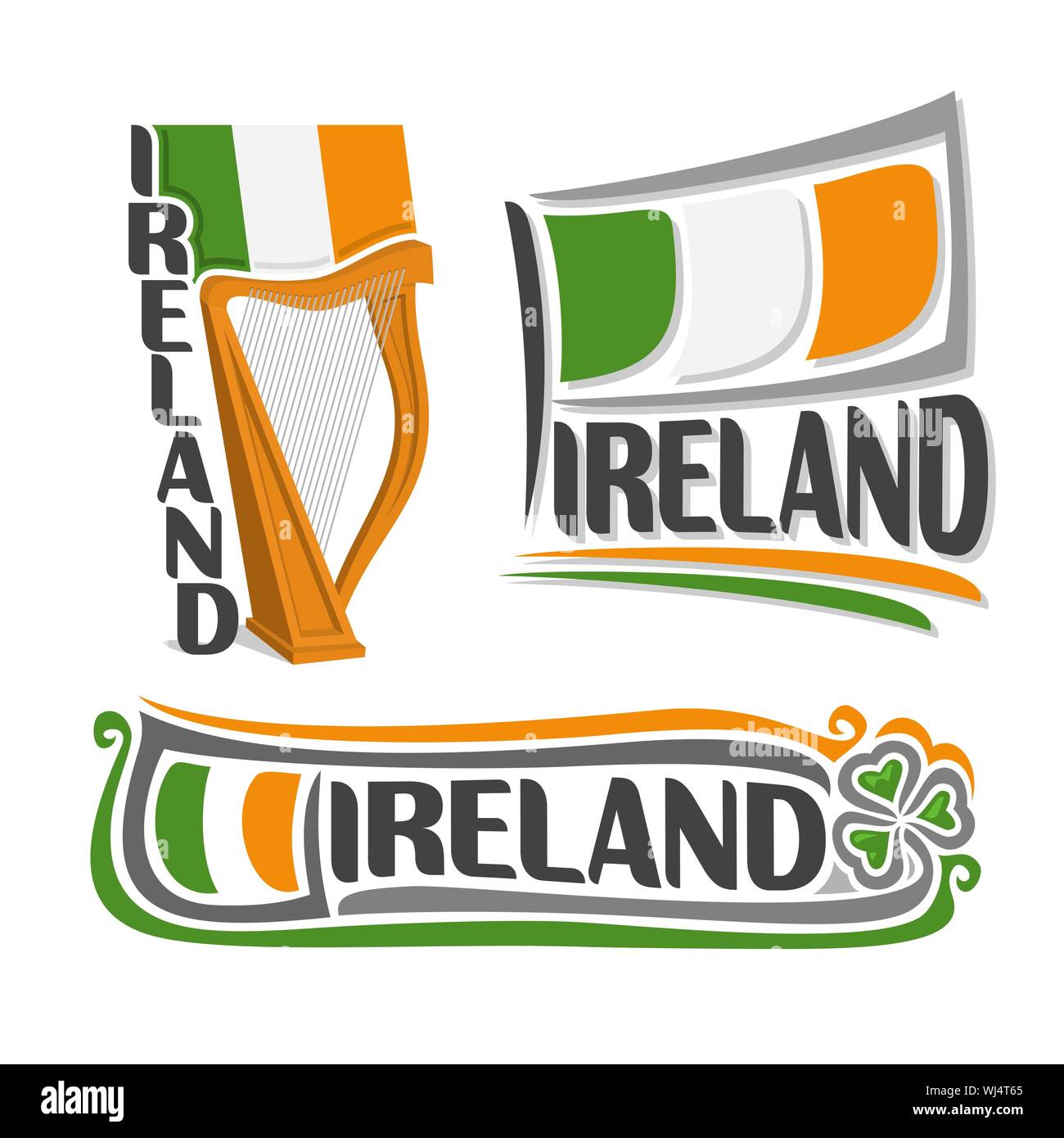 Vector illustration du logo pour l'Irlande, composé de 3 illustrations isolées : national drapeau au-dessus de la harpe, symbole de l'Irlande et le drapeau sur Illustration de Vecteur