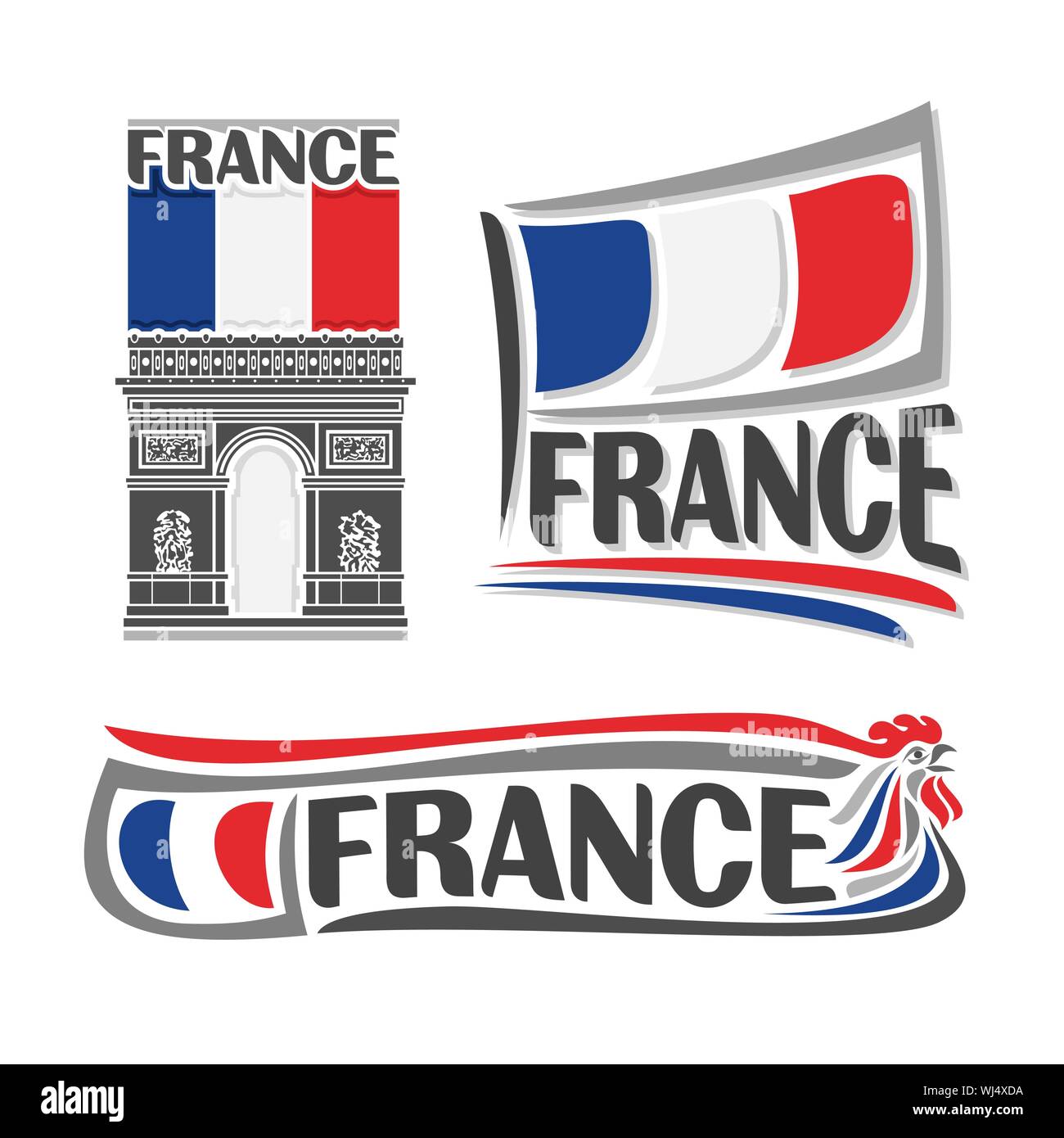 Vector illustration du logo pour la France, 3 illustrations isolées : drapeau de l'état national sur l'Arc de Triomphe, symbole de la France architecte horizontale Illustration de Vecteur