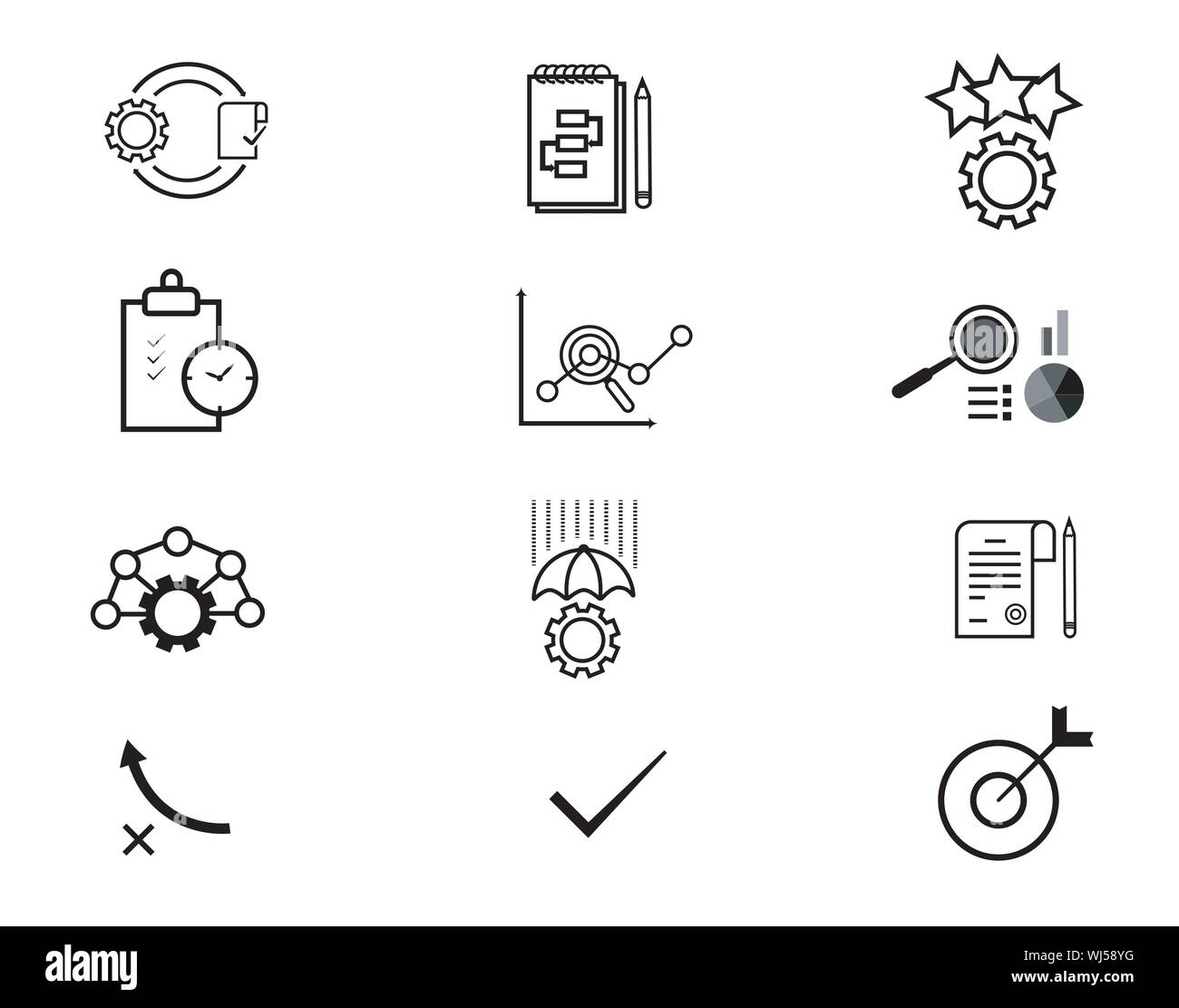 Icônes de flux de travail des processus métier définies pour le système de gestion et d'exploitation Illustration de Vecteur