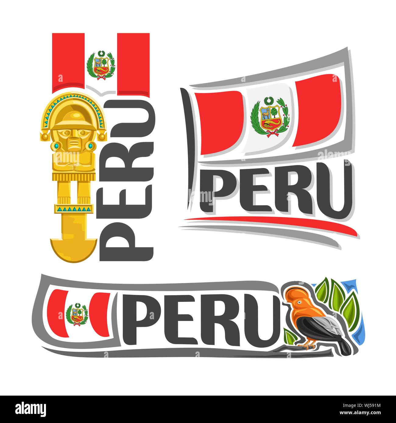 Logo vector pour le Pérou, 3 illustrations isolées : inca tumi couteau cérémoniel, golden axe sur fond de drapeau national drapeau péruvien, République de Illustration de Vecteur