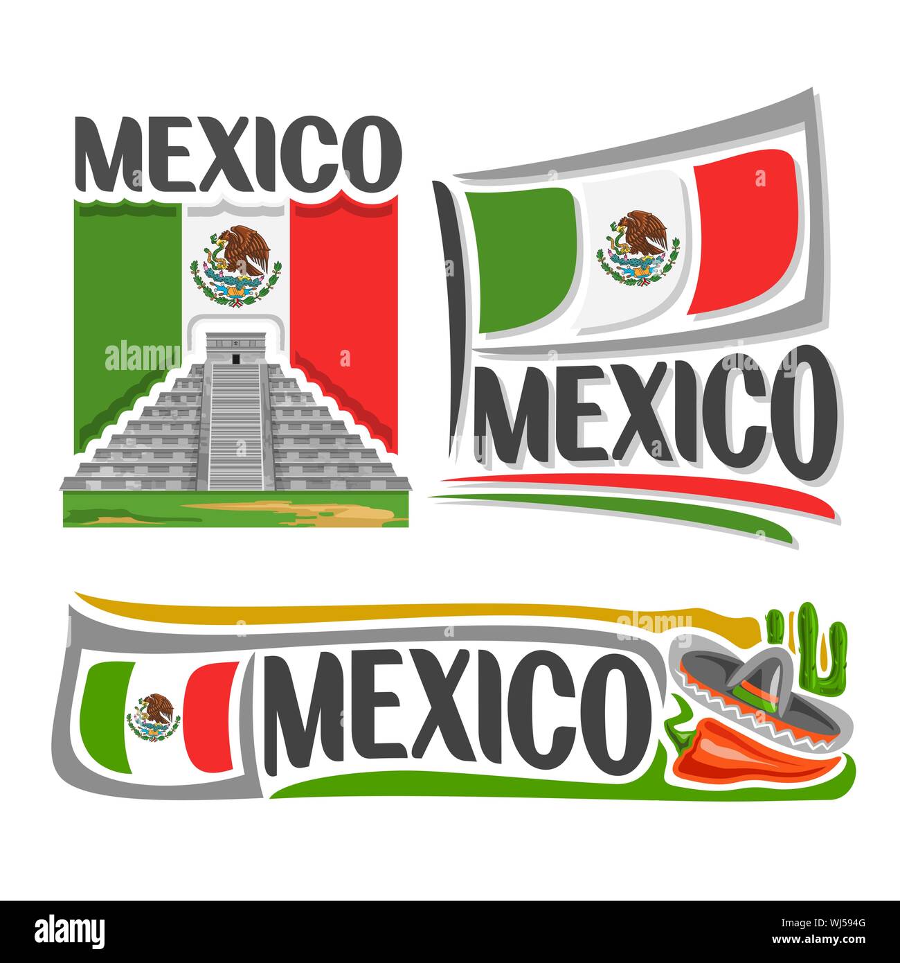 Logo vector pour le Mexique : pyramide Maya temple de Kukulcan à Chichen Itza, national drapeau, symbole de l'architecture et du drapeau Mexique États-Unis Mexicains Stat Illustration de Vecteur