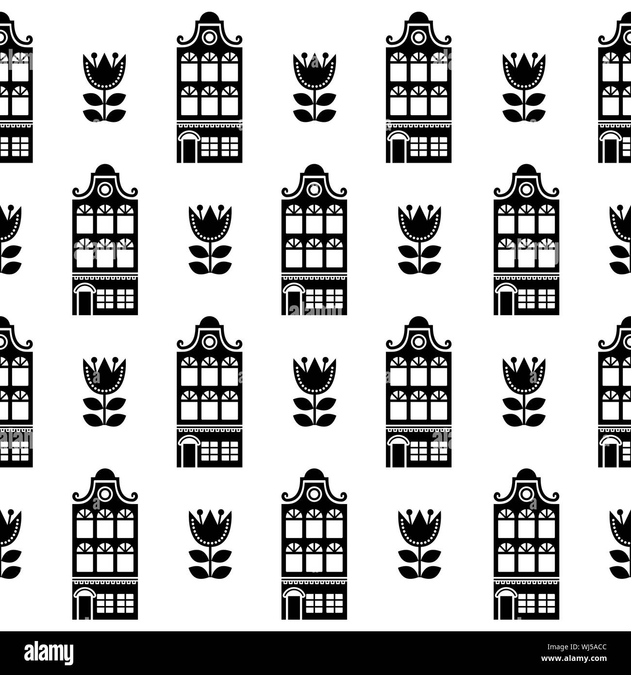 Maisons d'Amsterdam et des tulipes, modèle vectoriel continu, bâtiments hollandais Hollande ou Pays-bas architecture historique en noir et blanc Illustration de Vecteur