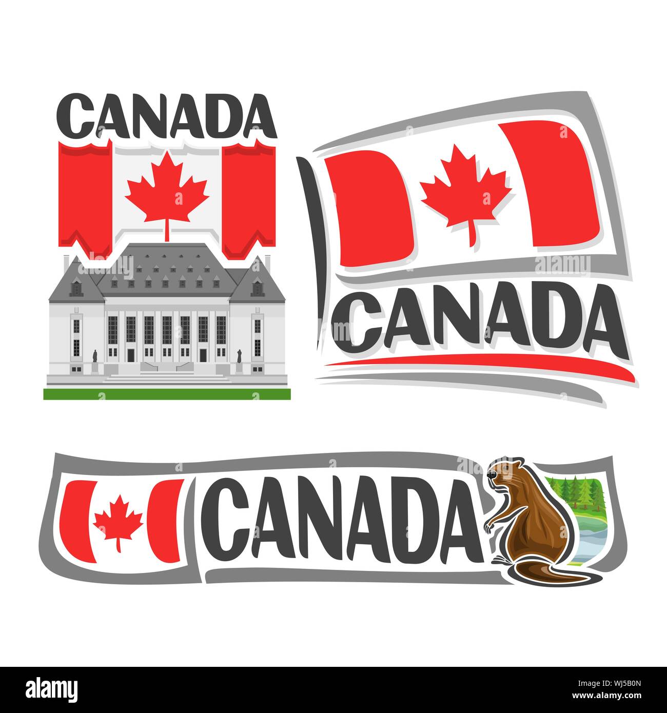 Logo vector pour le Canada, 3 illustrations isolées : la Cour suprême à Ottawa sur fond de drapeau national, symbole de l'architecture au Canada et cana Illustration de Vecteur