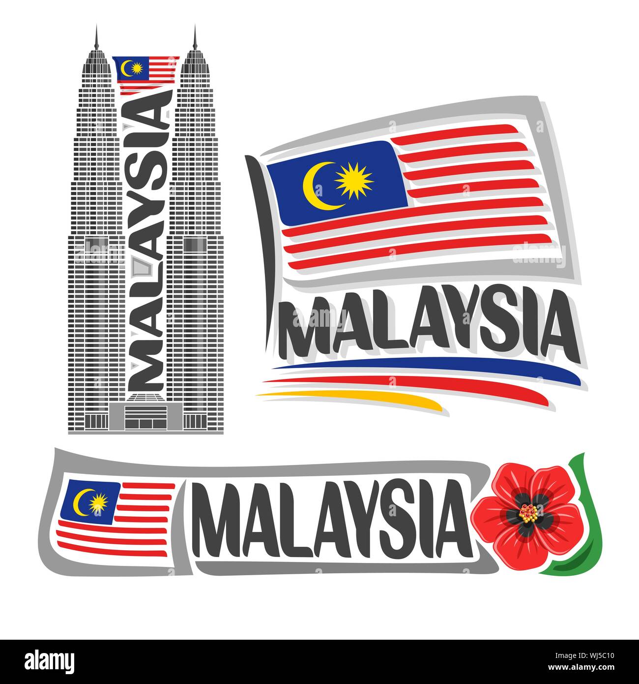 Logo Vector pour la Malaisie, 3 images isolées : bannière verticale avec abstract skyline on malaysian national drapeau et symbole de la Malaisie hibiscu rouge Illustration de Vecteur