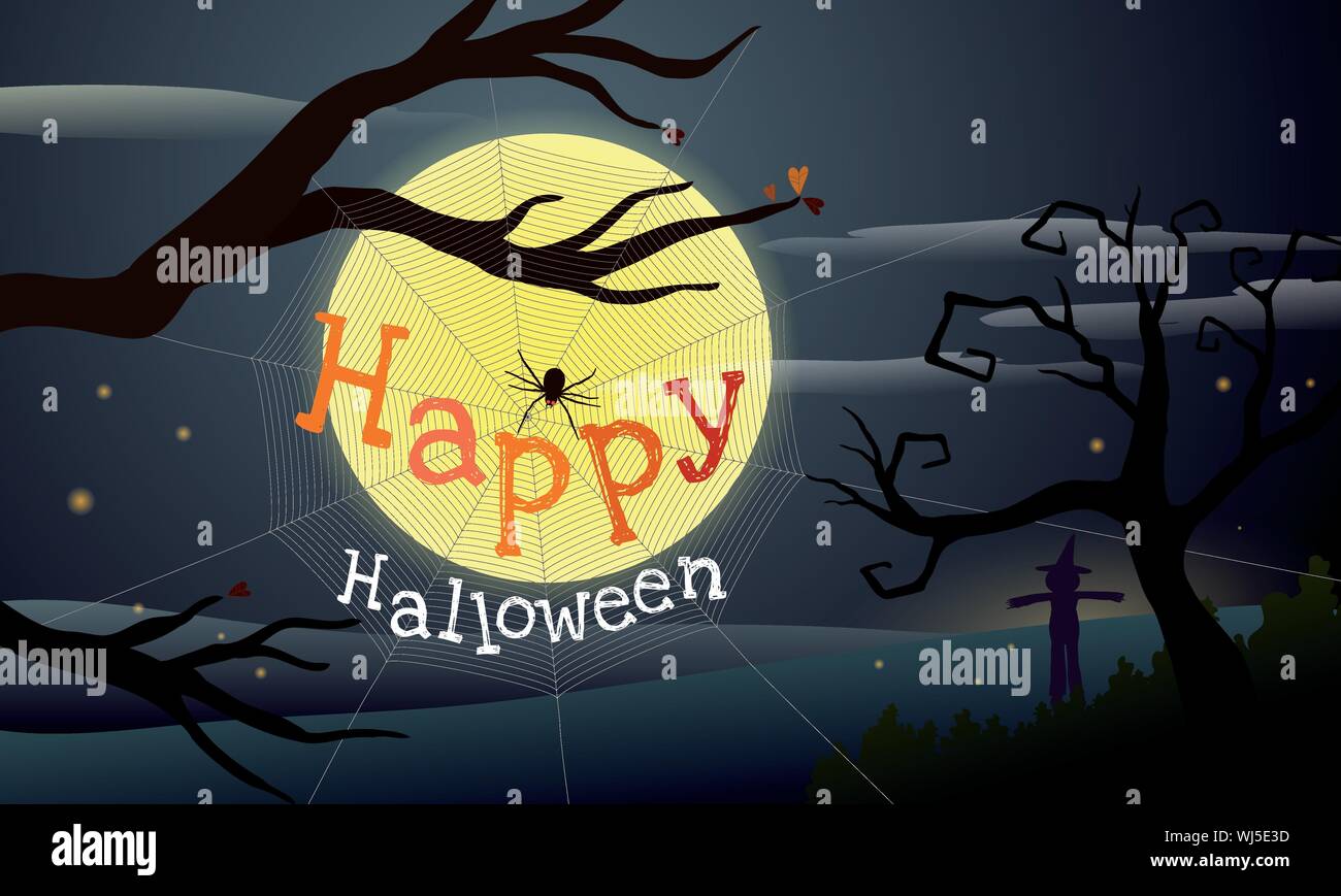 Happy Halloween poster design. Black spider spooky spinning web sous le clair de lune, fullmoon et silhouette de l'épouvantail effrayant et arbre dans le backg Illustration de Vecteur