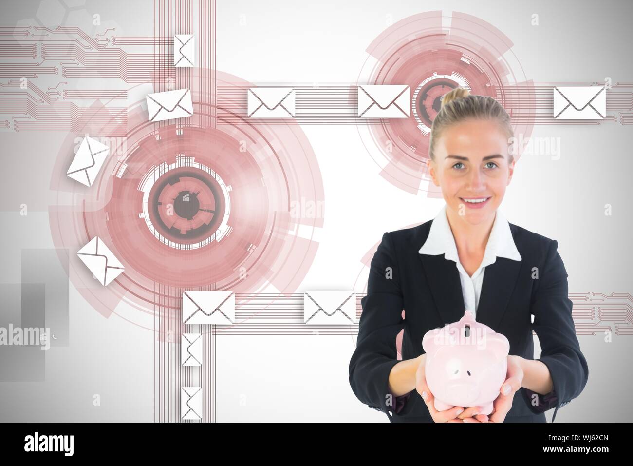 Image composite de blond businesswoman holding pink piggy bank in front of white et fond rouge montrant les enveloppes Banque D'Images
