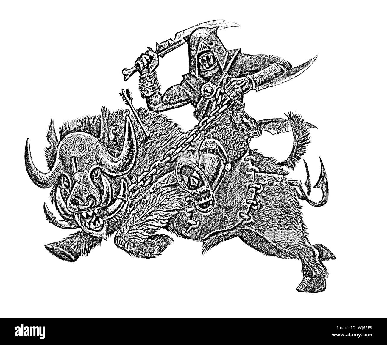 Orc sur le sanglier. Fantasy dessin au crayon. Monster créature illustration. Banque D'Images