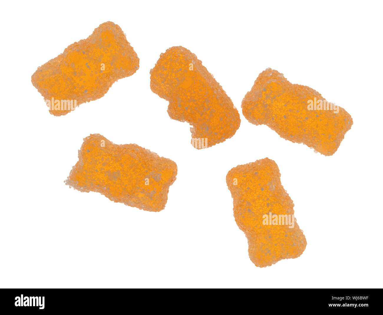 Vue de dessus d'un petit groupe de générique jaune dragées ours gommeux isolé sur un fond blanc. Banque D'Images