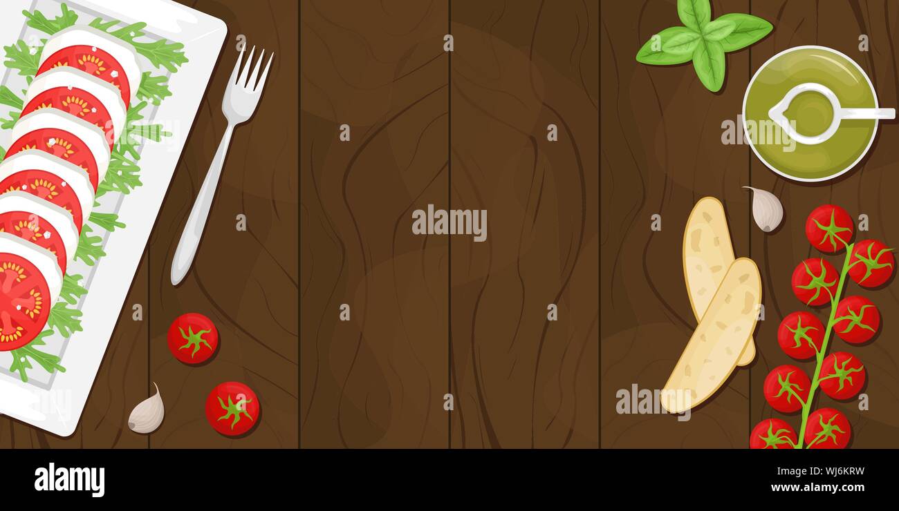 Caprese avec feuilles de roquette. Tranches de pain ciabatta, tomates cerises, ail, huile d'olive et de basilic. Mise à plat. Télévision vector illustration. Illustration de Vecteur