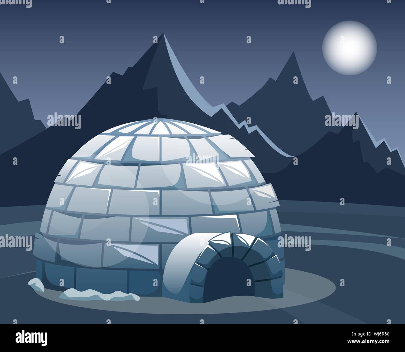 Igloo de glace dans le domaine contre les montagnes. Paysage du nord de l'hiver dans la nuit. La vie des Inuits. Télévision vector illustration Illustration de Vecteur