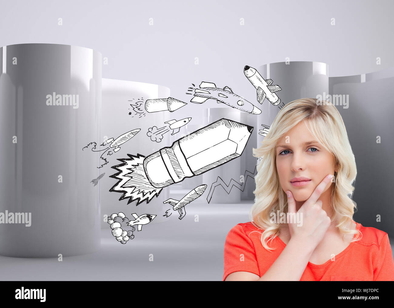 Image composite de l'adolescent debout pensivement avec ses doigts sur son menton Banque D'Images