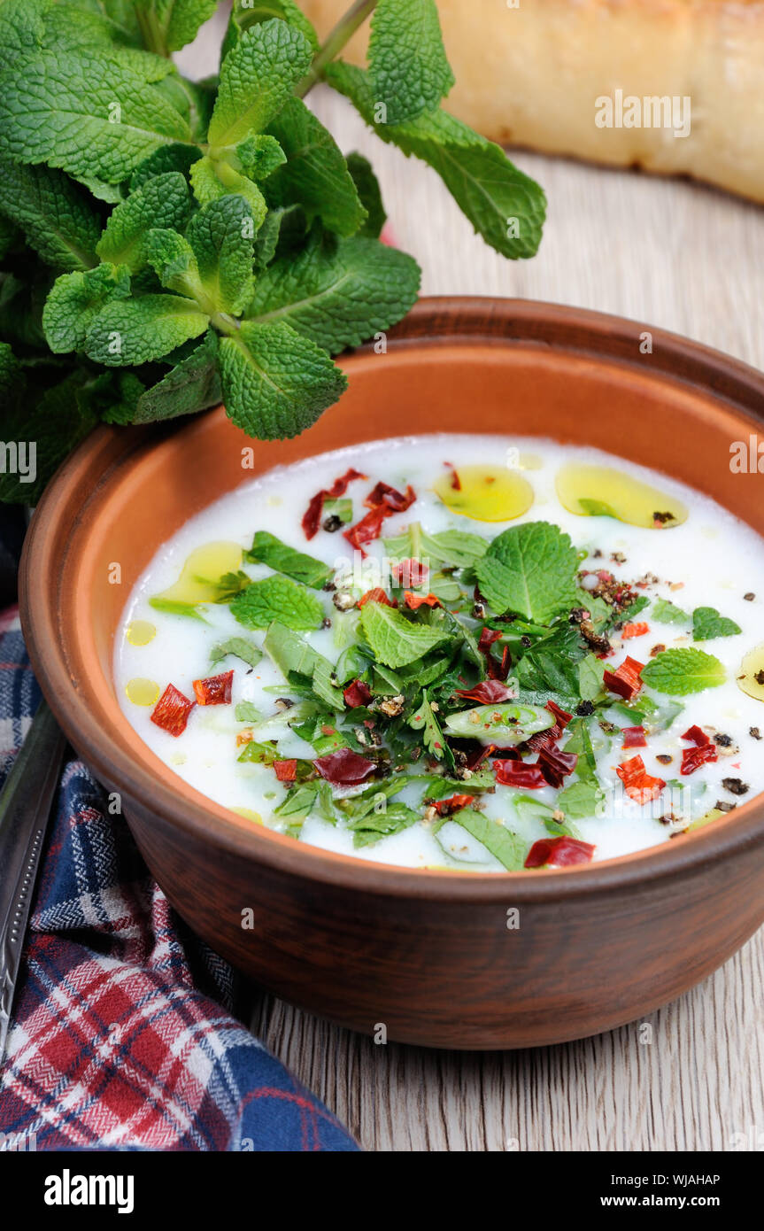 La soupe d'été сold rafraîchissantes, de riz et de yaourt à la menthe, d'épices. Banque D'Images