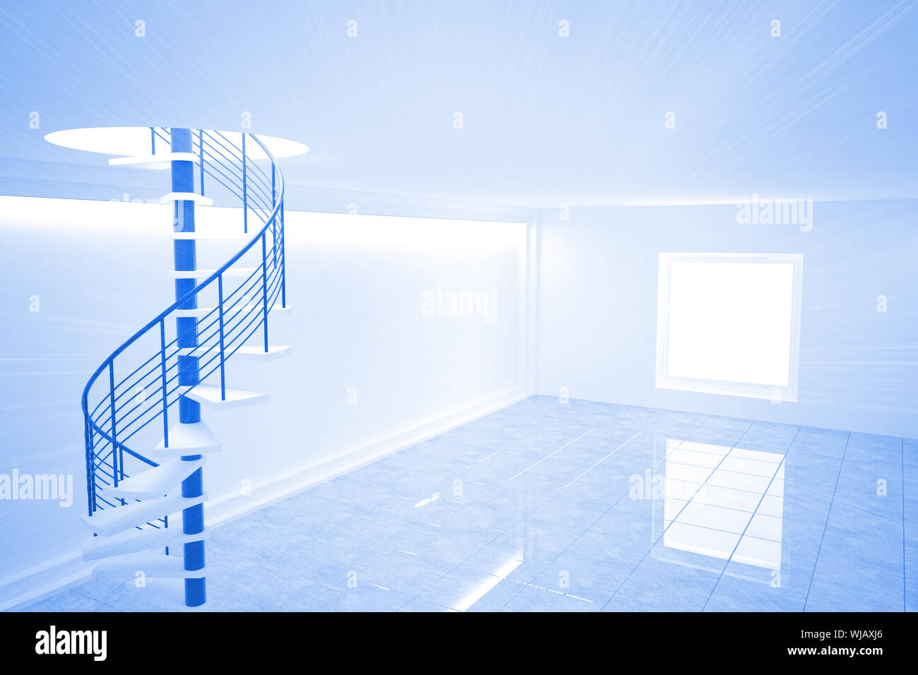 Chambre bleu lumineux avec escalier en spirale Banque D'Images