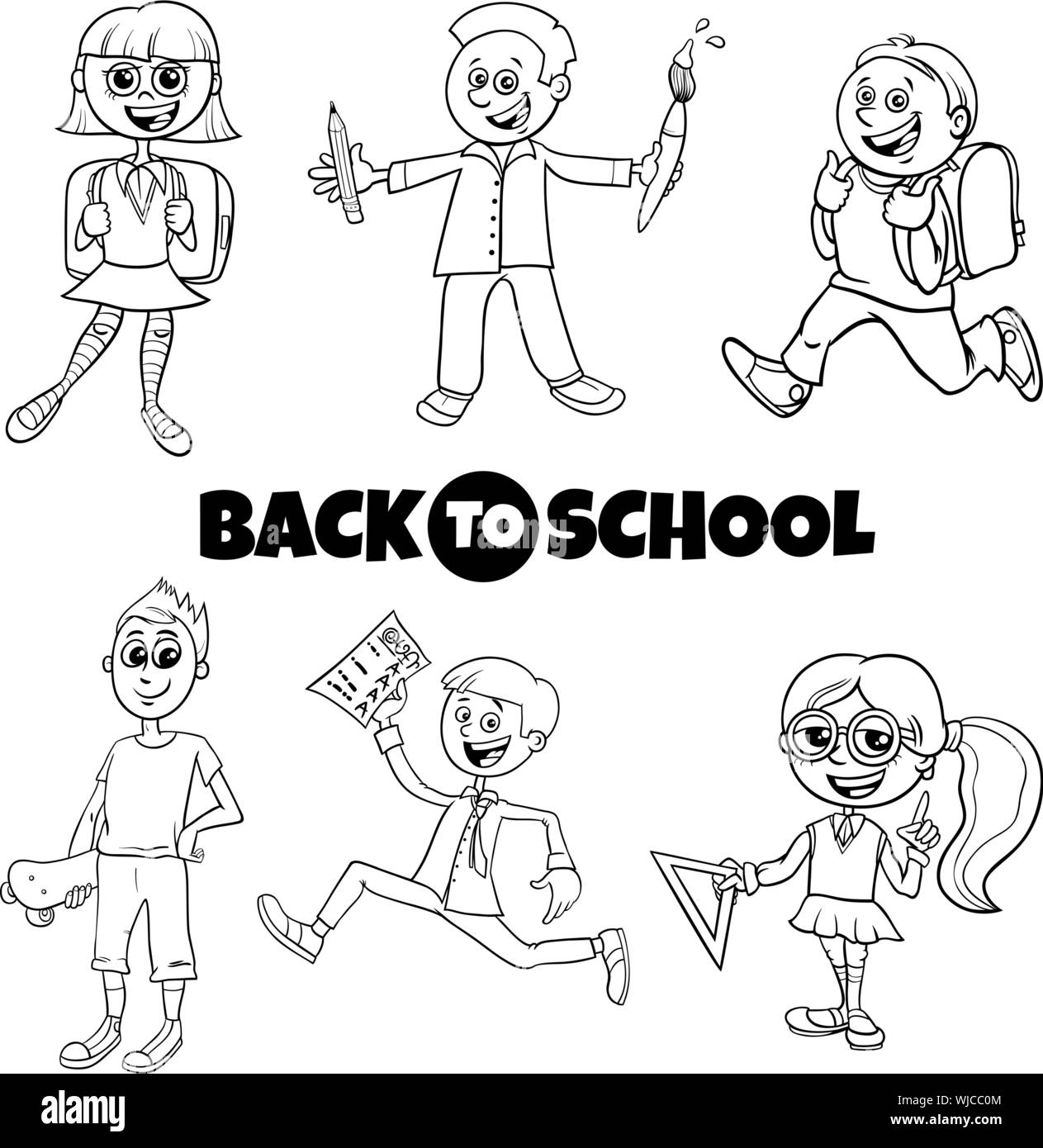 Cartoon noir et blanc Illustration de l'école primaire ou les enfants d'âge de l'adolescence avec jeu de caractères signe le retour à l'école Illustration de Vecteur