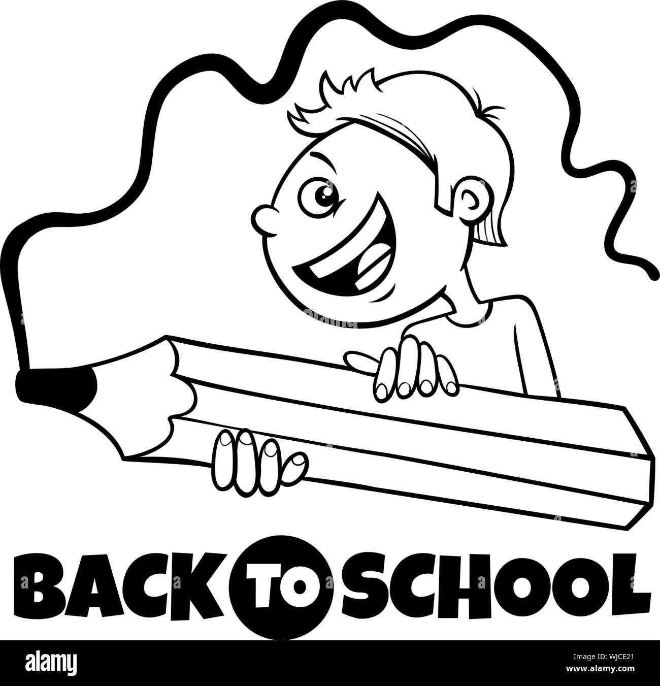 Illustration Cartoon noir et blanc de l'enseignement élémentaire ou Enfant Garçon avec de gros caractères et de Crayon signe le retour à l'école Illustration de Vecteur