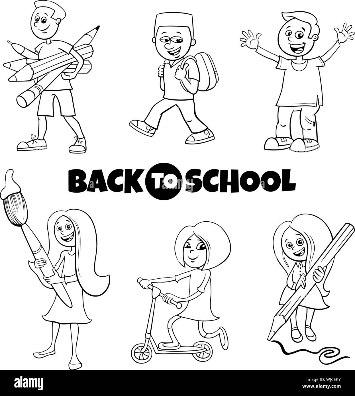 Cartoon noir et blanc Illustration de l'école primaire ou les enfants d'âge de l'adolescence avec jeu de caractères signe le retour à l'école Illustration de Vecteur