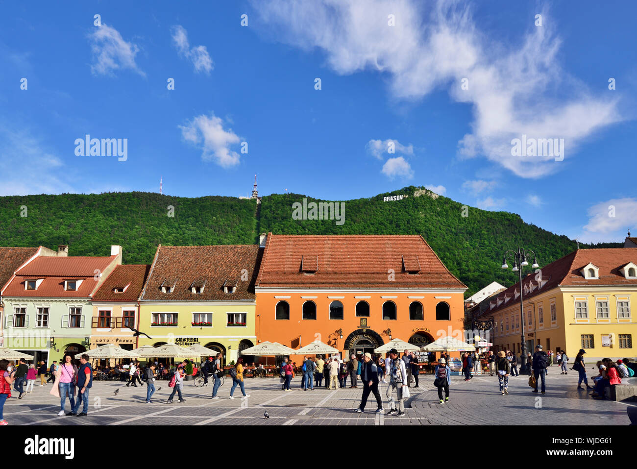 Maisons dans Piata Sfatului (place du Conseil) et de la montagne Tampa. Brasov, en Transylvanie. Roumanie Banque D'Images