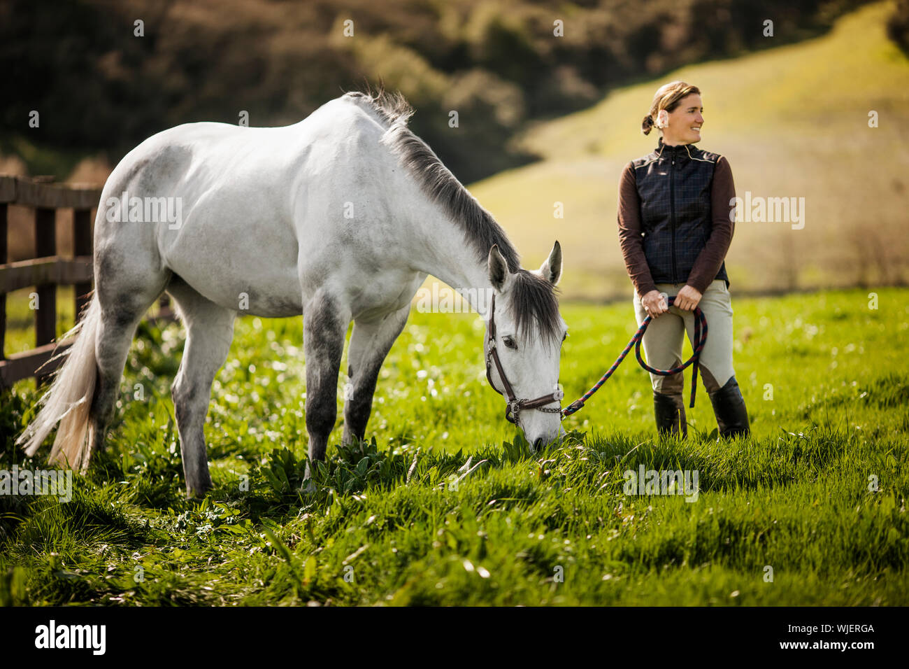 Mid adult woman standing avec son cheval dans un vert pâturage. Banque D'Images