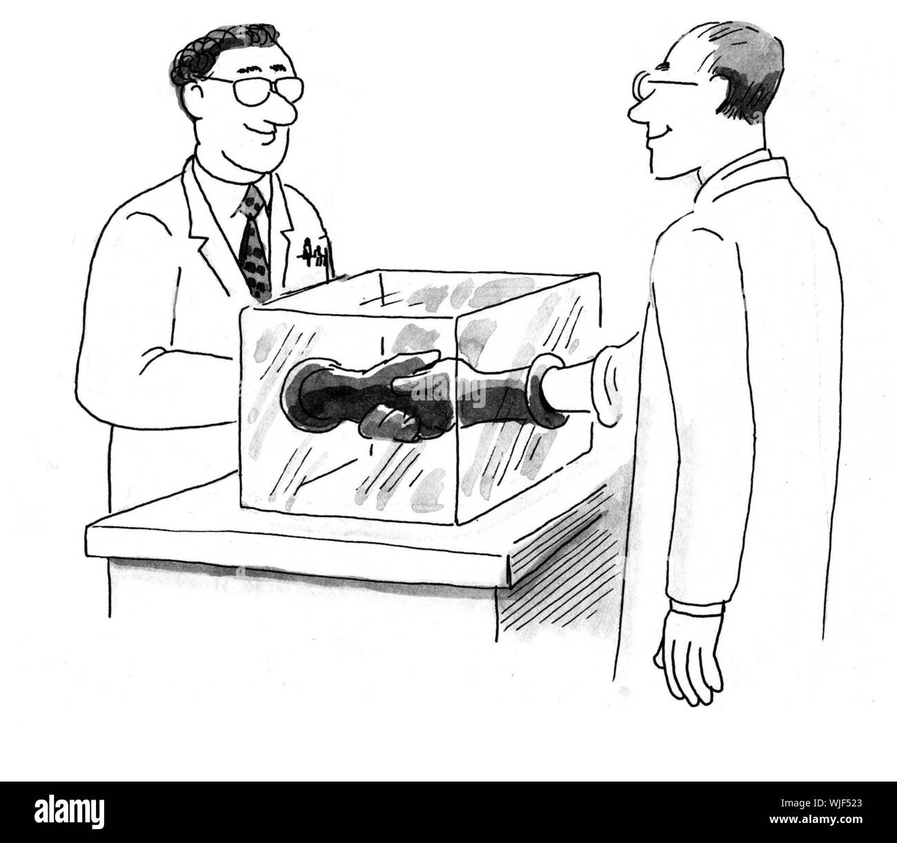 Deux scientifiques se serrer la main à capsule de bactéries. Banque D'Images