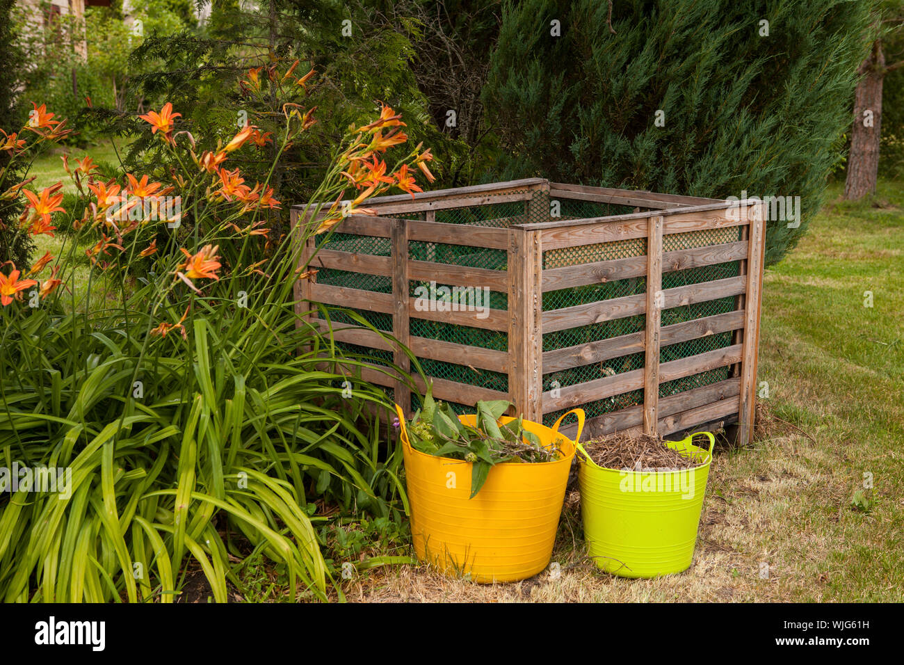 Bac à compost dans le jardin d'été Banque D'Images