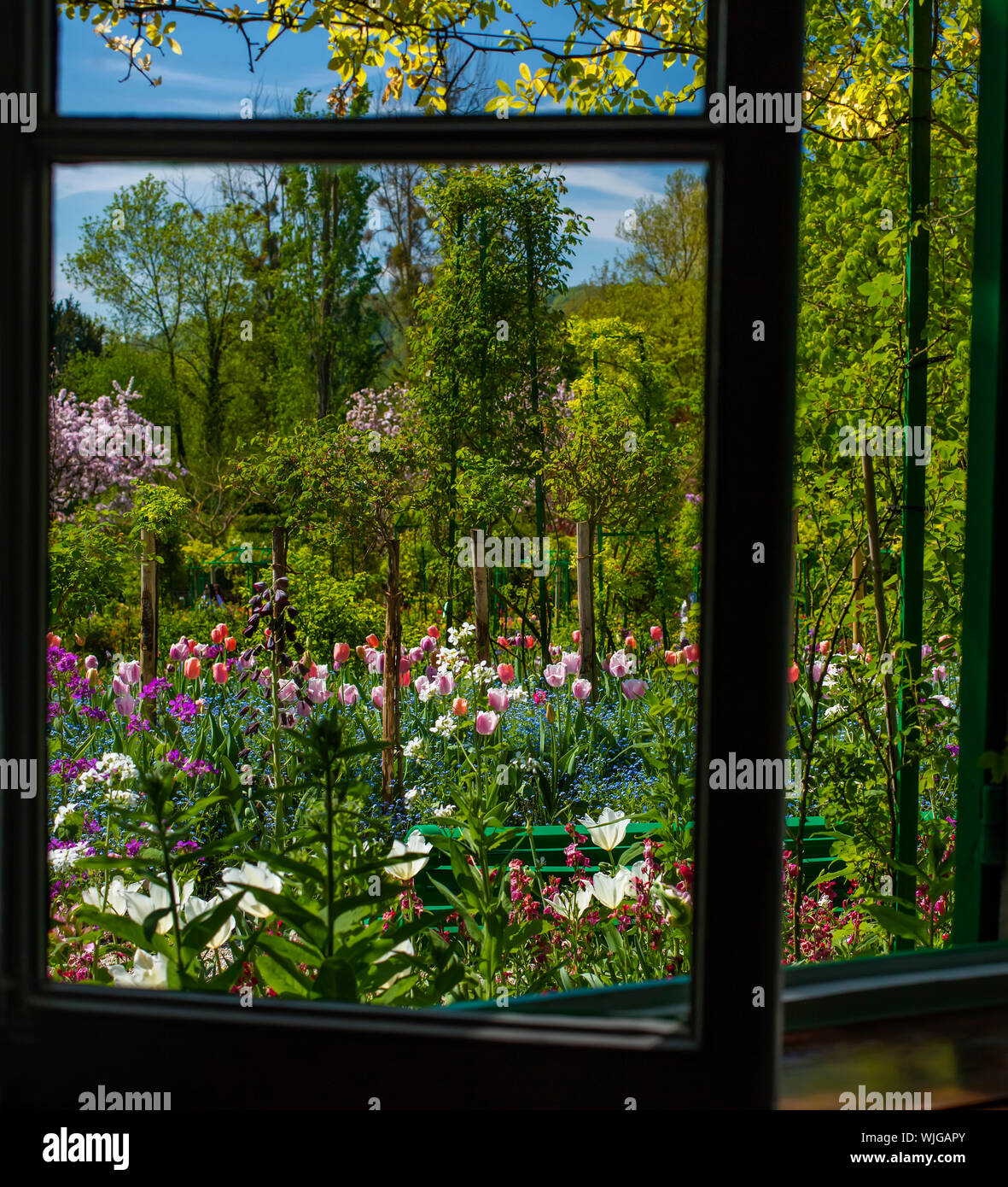 Jardin de Claude Monet à Giverny, Normandie, vue par la fenêtre de sa maison Banque D'Images