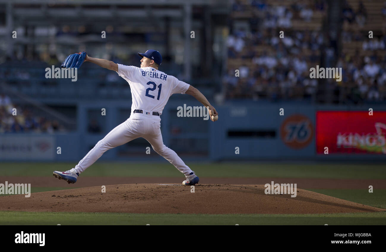 Los Angeles, Californie, USA. 2e, 2019 Sep. Pitcher Walker Buehler # 21 de les Dodgers de Los Angeles au cours de la MLB match contre les Rockies du Colorado au Dodger Stadium sur Septembre 02, 2019 à Los Angeles, Californie.Los Angeles Dodgers a gagné le match 16 -9.Armando Armando Arorizo Arorizo : Crédit/Prensa Internacional/ZUMA/Alamy Fil Live News Banque D'Images