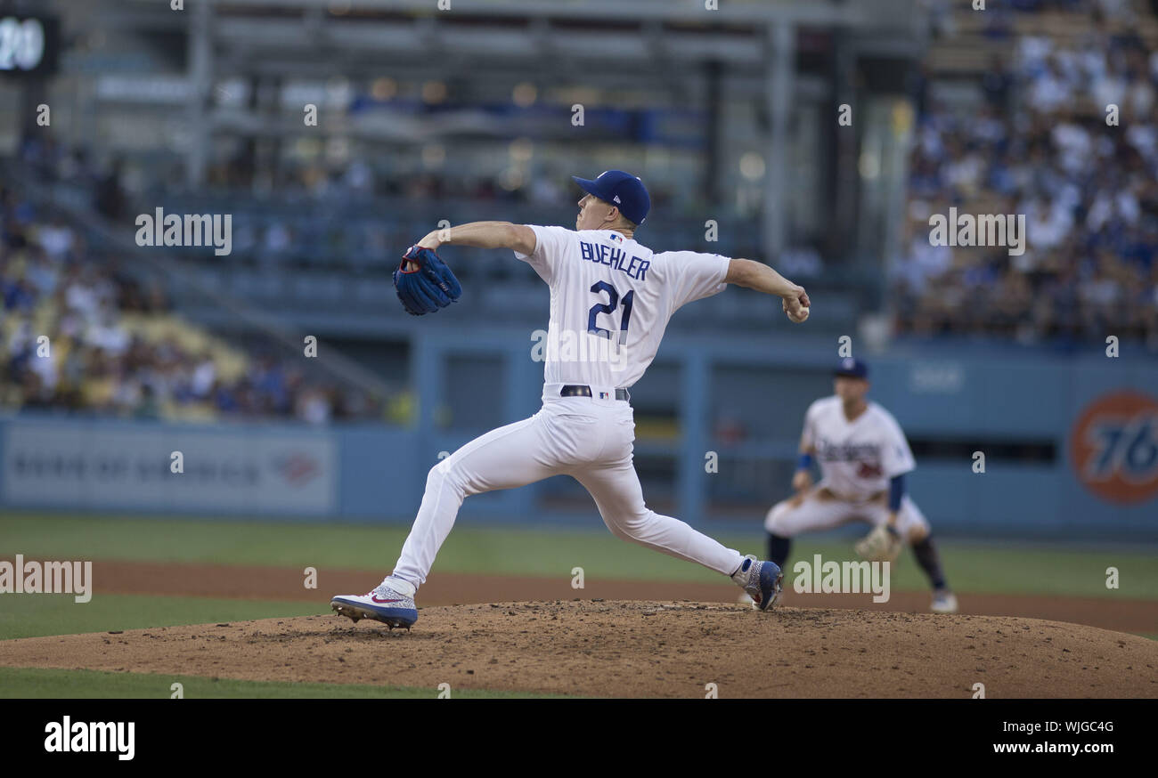 Los Angeles, Californie, USA. 2e, 2019 Sep. Pitcher Walker Buehler # 21 de les Dodgers de Los Angeles au cours de la MLB match contre les Rockies du Colorado au Dodger Stadium sur Septembre 02, 2019 à Los Angeles, Californie.Los Angeles Dodgers a gagné le match 16 -9.Armando Armando Arorizo Arorizo : Crédit/Prensa Internacional/ZUMA/Alamy Fil Live News Banque D'Images