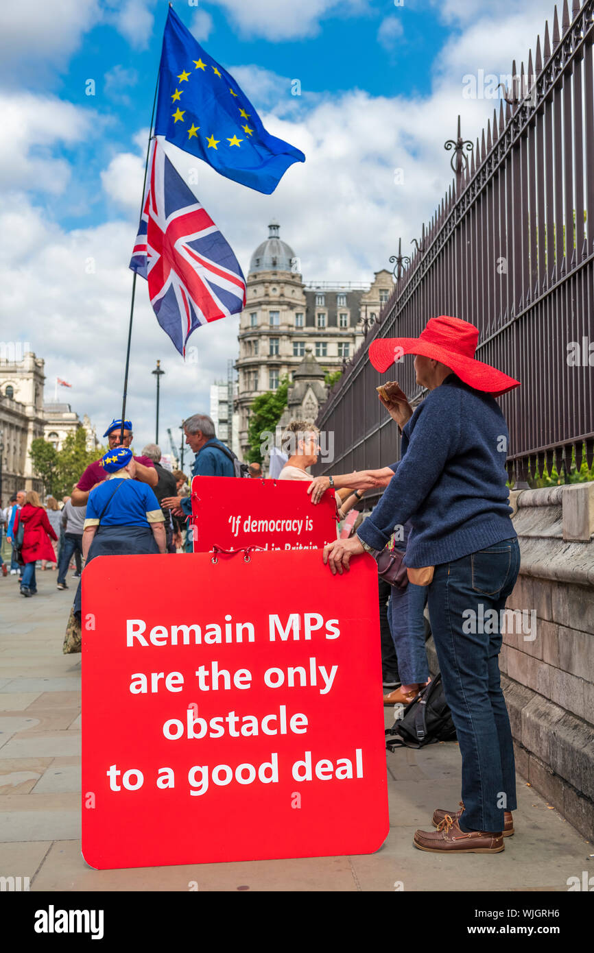 Westminster, Londres, Angleterre. 3 Septembre, 2019. Un manifestant de temps à se reposer et à manger un sandwich au soleil comme des milliers de manifestants rejoindre le rassemblement à l'extérieur du Parlement. Terry Mathews/Alamy Live News Banque D'Images