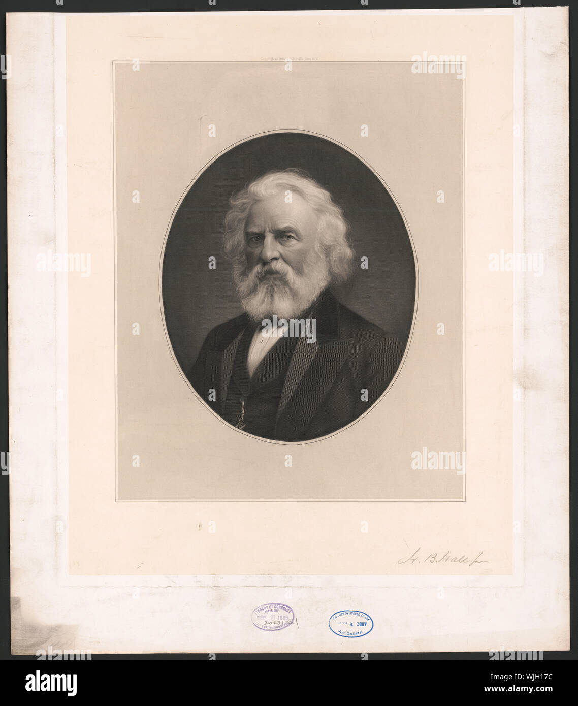 Henry Wadsworth Longfellow, tête-et-épaules portrait, face à légèrement à gauche, dans un ovale avec cadre rectangulaire Banque D'Images