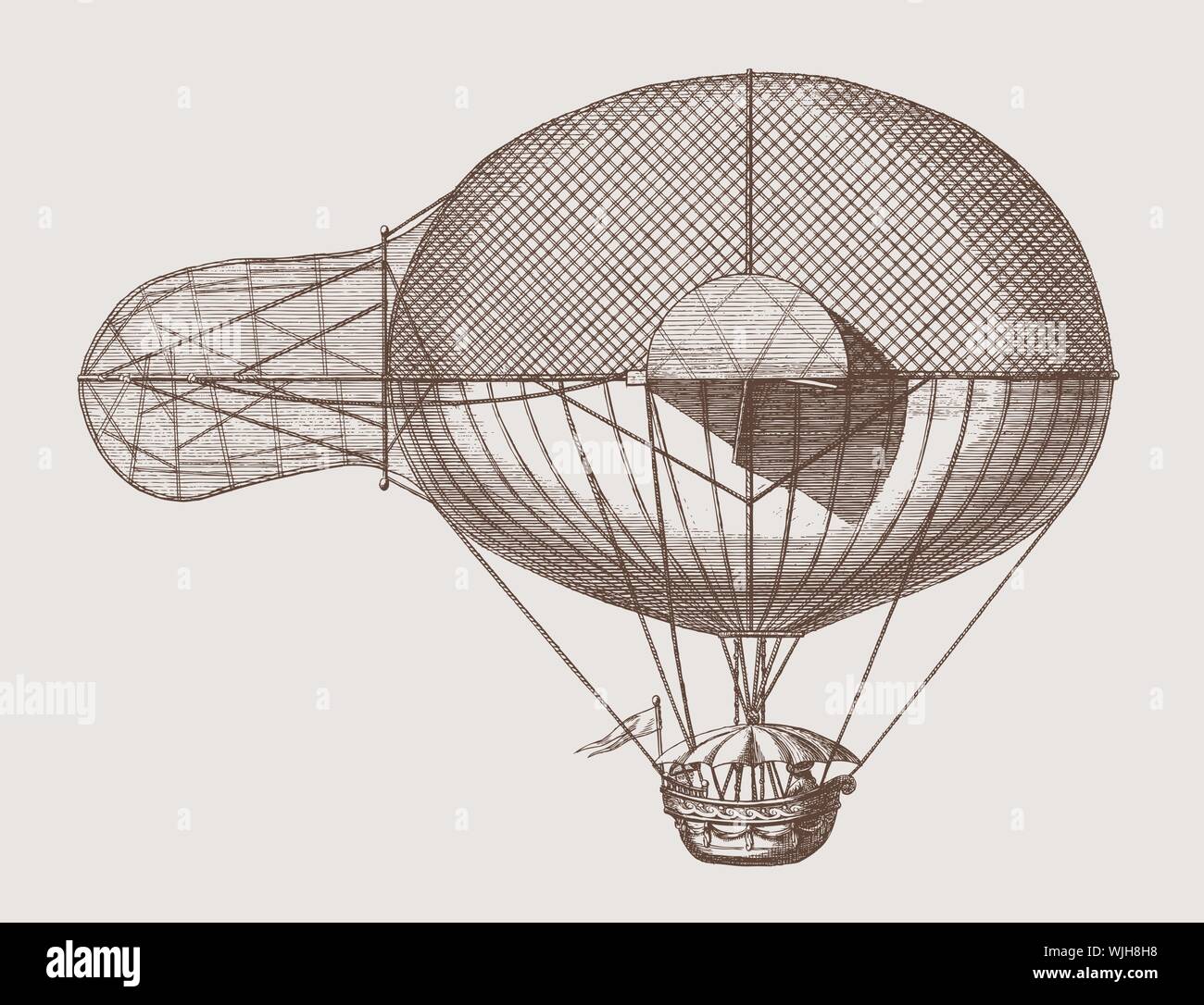 Ballon aérostat historique avec des appareils de navigation. lllustration après une gravure du 18ème siècle. Dans les couches modifiable Illustration de Vecteur