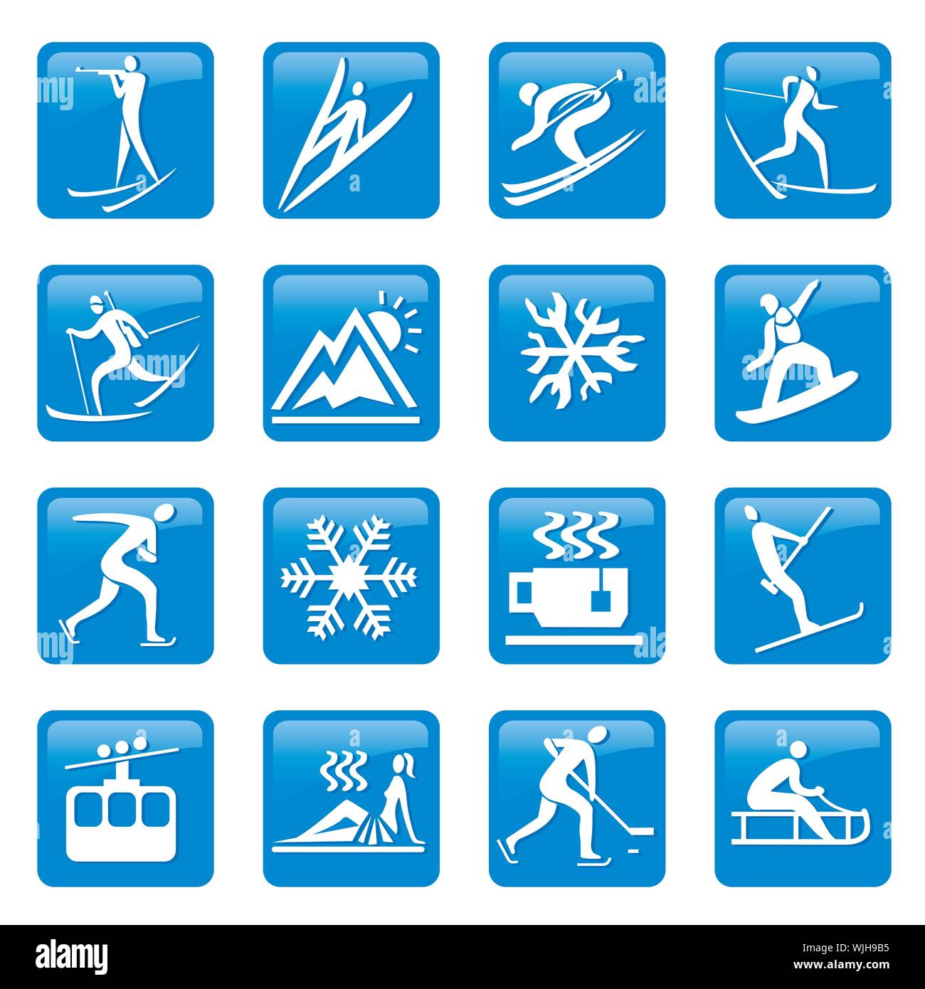 Icônes de sports d'hiver, boutons. Ensemble d'icônes de sports d'hiver bleues avec activités de sports d'hiver. Vecteur disponible. Illustration de Vecteur