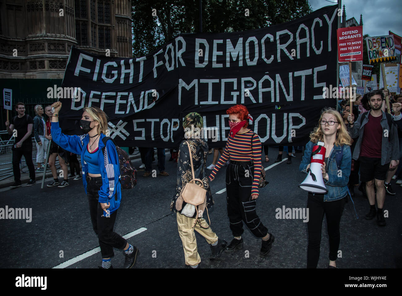 Londres, Royaume-Uni. 3 Septembre, 2019. Manifestations contre le Boris Johnson décision du gouvernement de proroger le Parlement continuent à Whitehall que MP's vote pour prendre le contrôle des affaires du Parlement d'essayer d'empêcher un accident pas d'accord hors de l'Europe le 31 octobre. David Rowe/Alamy Live News. Banque D'Images