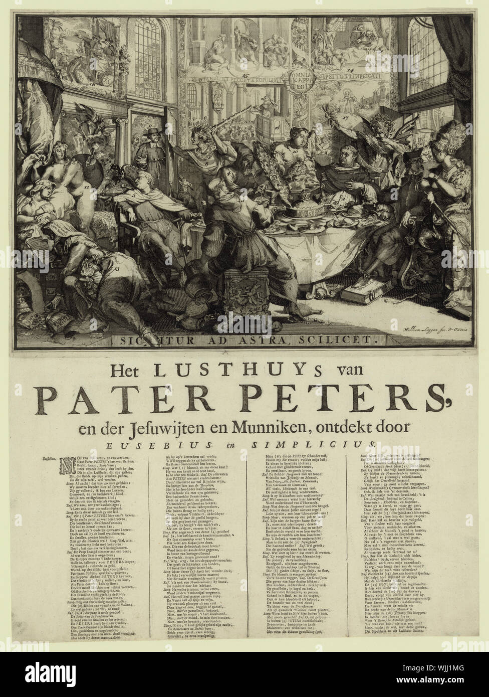 Lusthuys van het Pater Peters, Jesuwijten Munniken en de fr, porte ontdekt ; Impression affiche scène dans une maison de débauche de plaisir fréquentées par le père Petre, jésuites, et des moines, où ils se mêlent et dîner avec des personnages comme : l'impudicité, l'avarice, la paresse, la fureur, et la vanité. Les prêtres s'engagent dans des actes lascifs et voler de l'argent à partir d'un mourant, un ministre Protestant est entraîné loin de la porte, un fox offre un sermon d'une chaire, et les jésuites s'aider eux-mêmes à des trésors dans l'Inde. Les chiffres individuels numérotés avec les principaux contenus dans le dialogue entre Eusebius et Simplicius. Banque D'Images