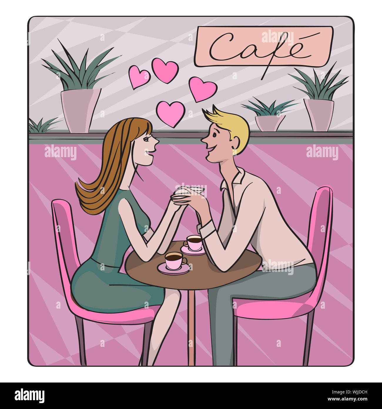Saint-valentin, datant de miel ou carte rétro, cartoon illustration de deux amoureux au café de flirter et de boire du café Banque D'Images