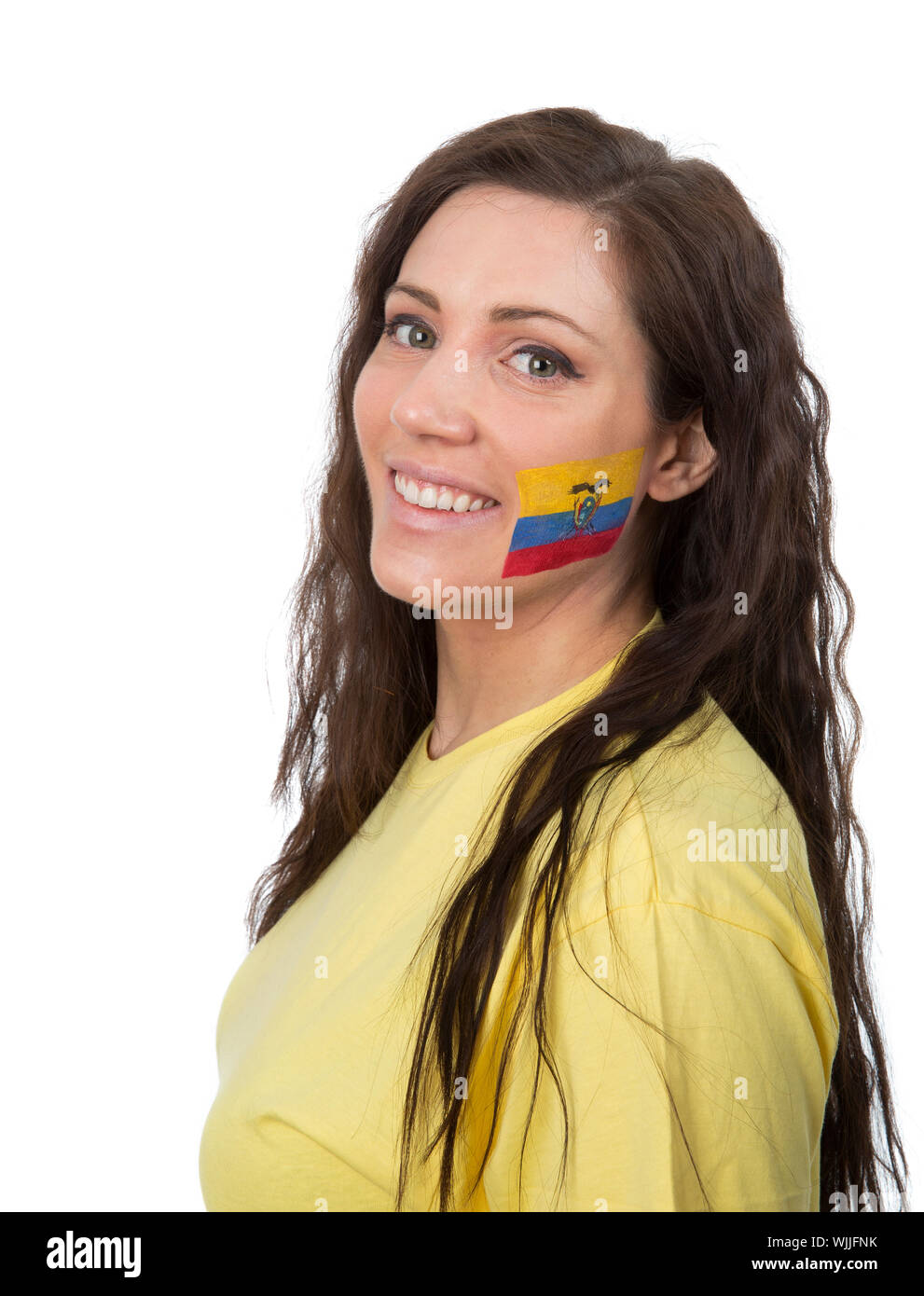 Jeune fille avec le drapeau de l'Equateur dans son visage peint Banque D'Images